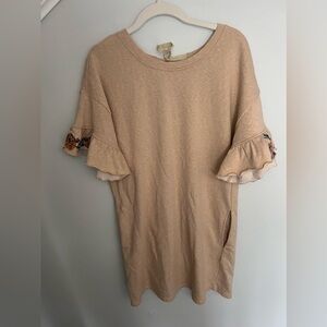 KORI America Small women’s dress ruffle sleeve pockets tie back boho cream dress